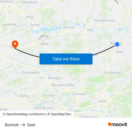 Bocholt to Geel map