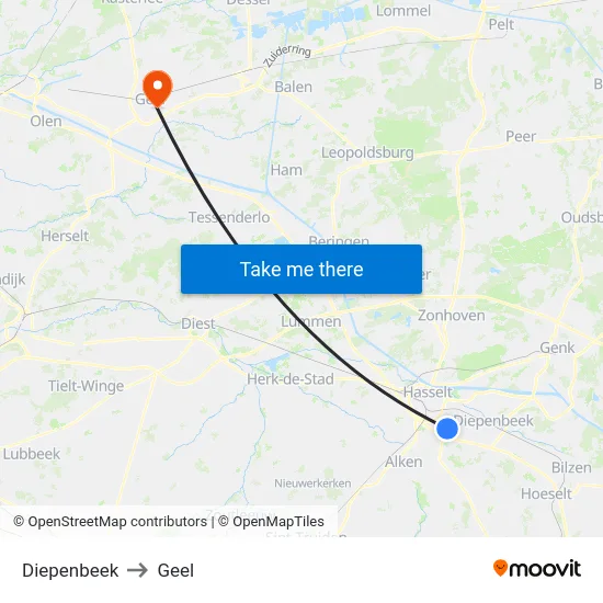 Diepenbeek to Geel map