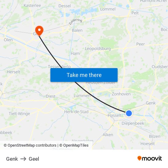 Genk to Geel map