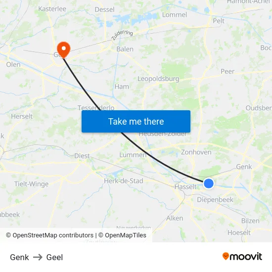 Genk to Geel map