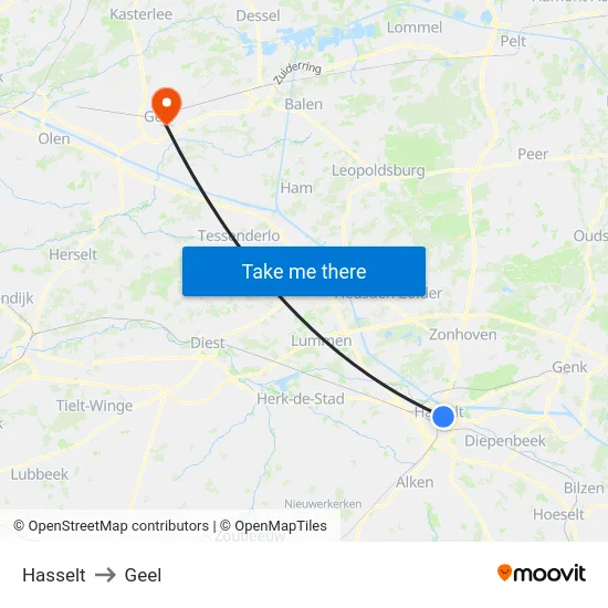 Hasselt to Geel map