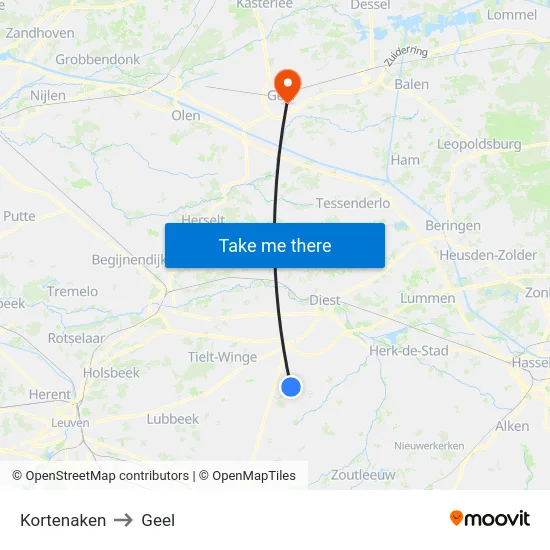 Kortenaken to Geel map