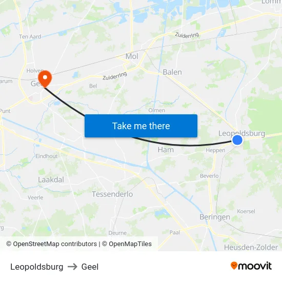 Leopoldsburg to Geel map