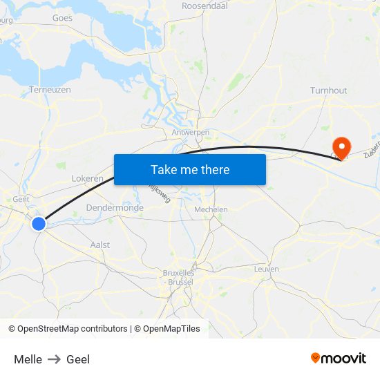 Melle to Geel map