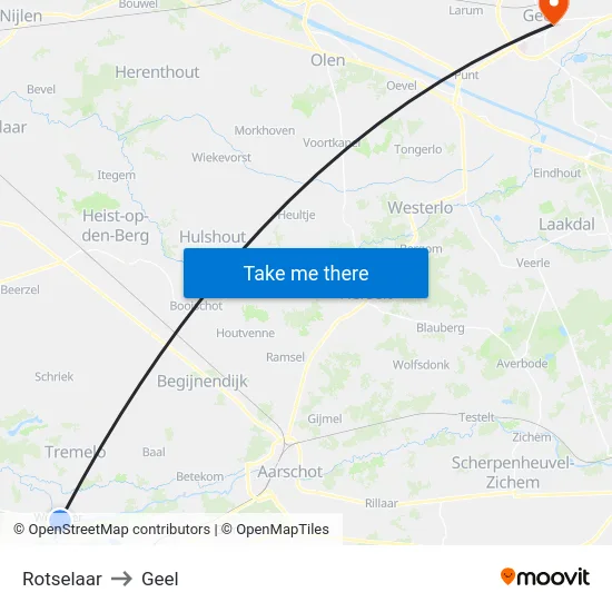 Rotselaar to Geel map