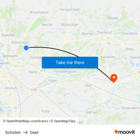 Schoten to Geel map