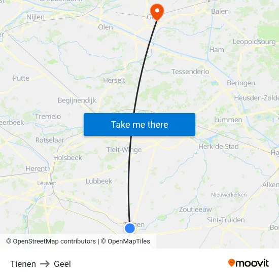 Tienen to Geel map