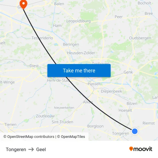 Tongeren to Geel map