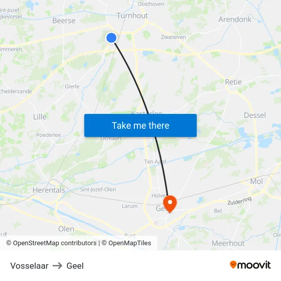 Vosselaar to Geel map