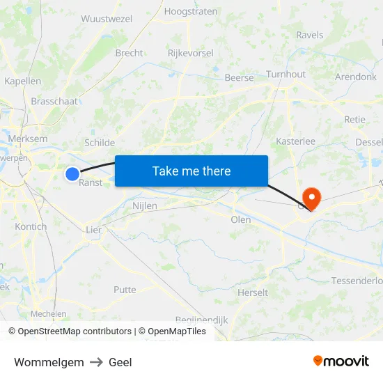 Wommelgem to Geel map