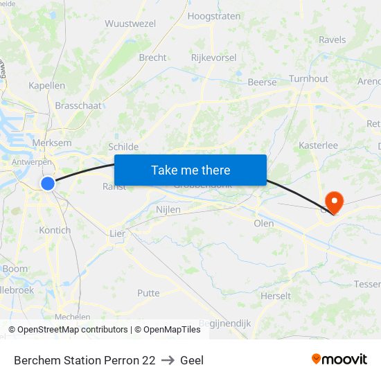 Berchem Station Perron 22 to Geel map