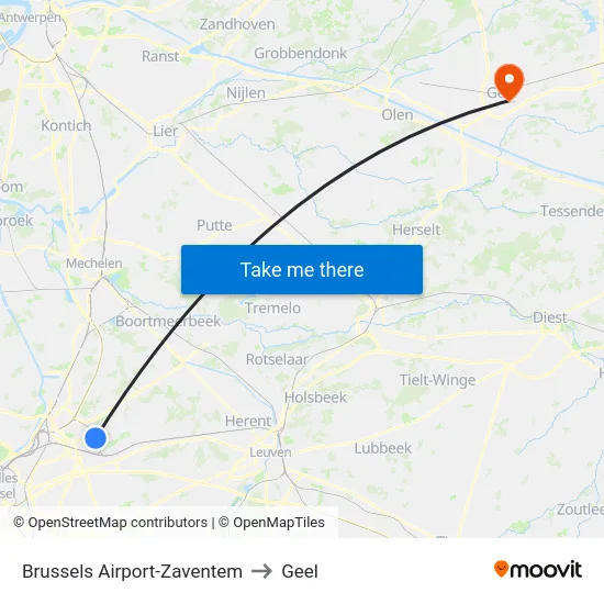 Brussels Airport-Zaventem to Geel map