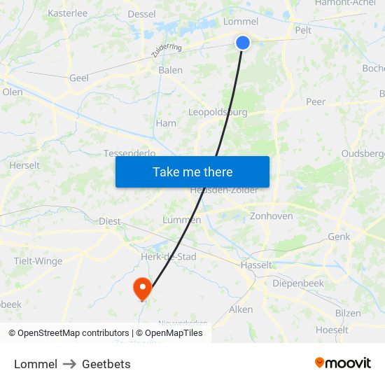 Lommel to Geetbets map