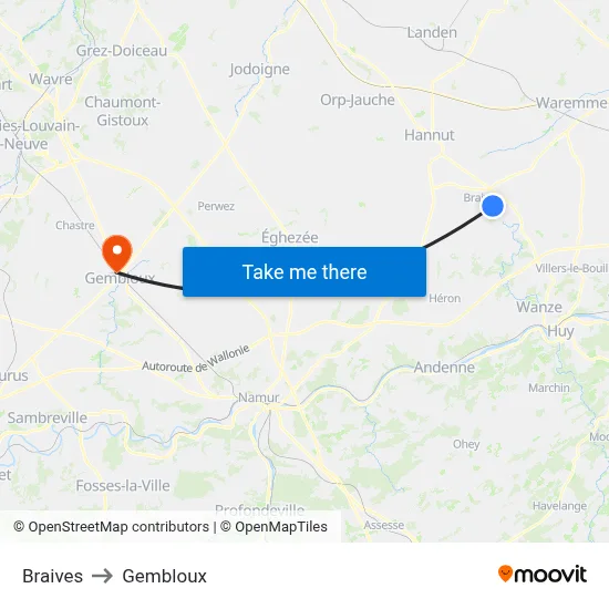 Braives to Gembloux map