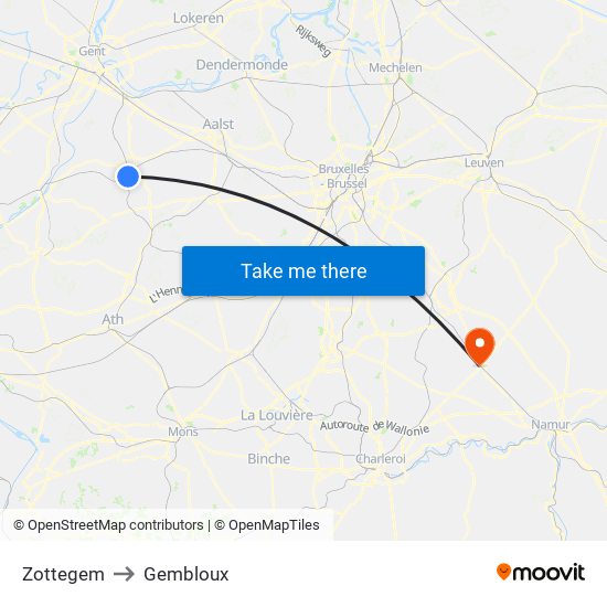 Zottegem to Gembloux map