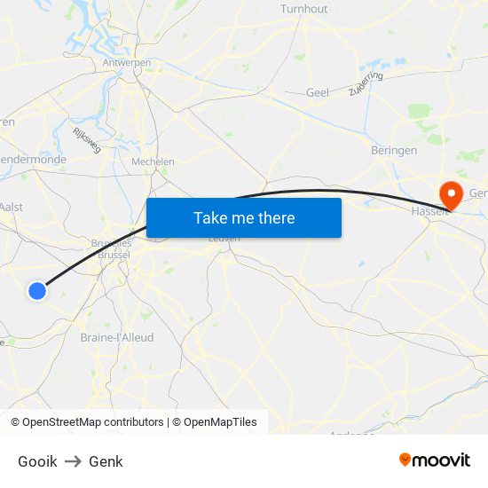 Gooik to Genk map