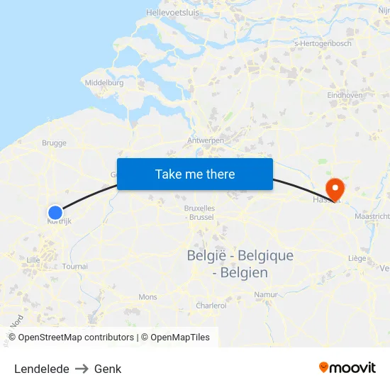 Lendelede to Genk map