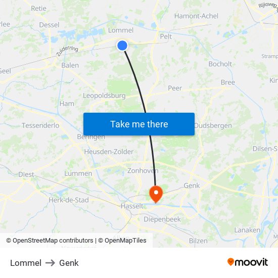 Lommel to Genk map