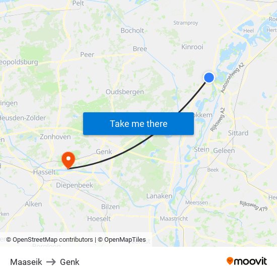 Maaseik to Genk map