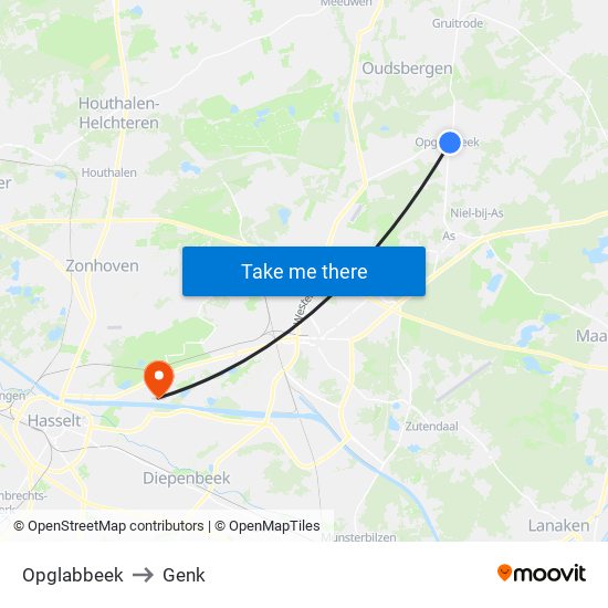 Opglabbeek to Genk map