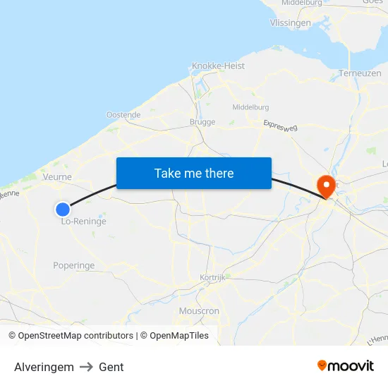 Alveringem to Gent map