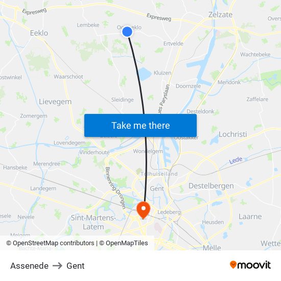 Assenede to Gent map