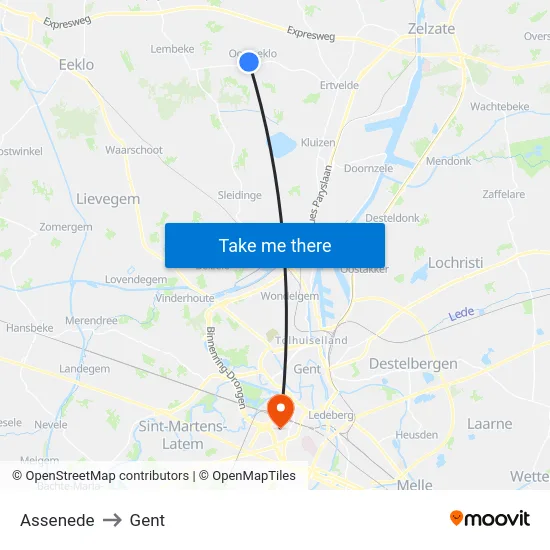 Assenede to Gent map