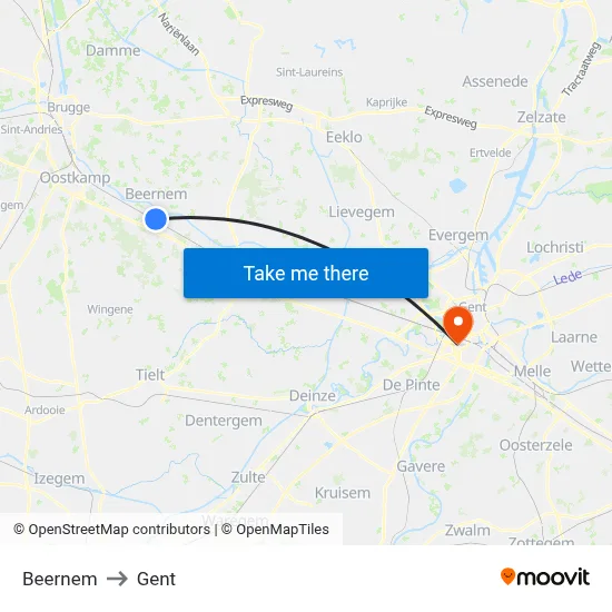 Beernem to Gent map