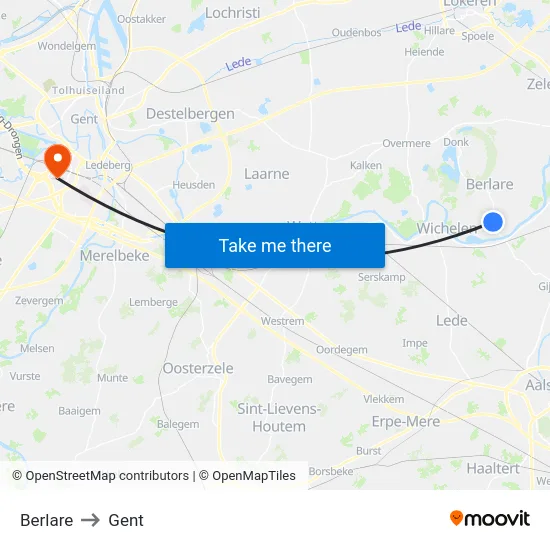 Berlare to Gent map
