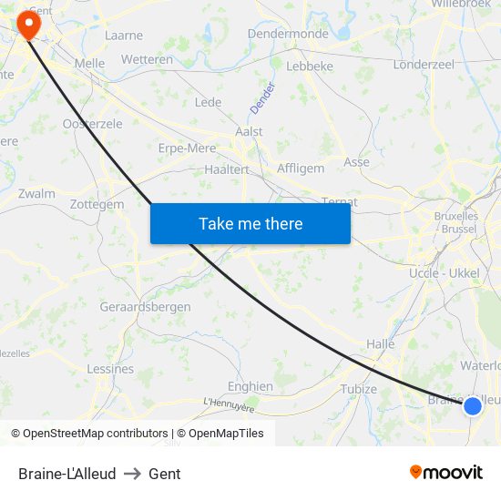 Braine-L'Alleud to Gent map