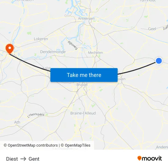 Diest to Gent map