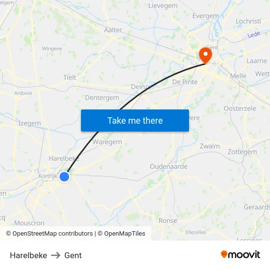 Harelbeke to Gent map