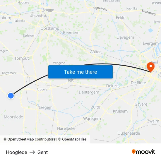 Hooglede to Gent map