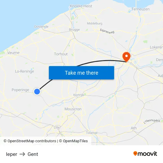 Ieper to Gent map