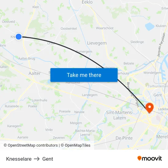 Knesselare to Gent map