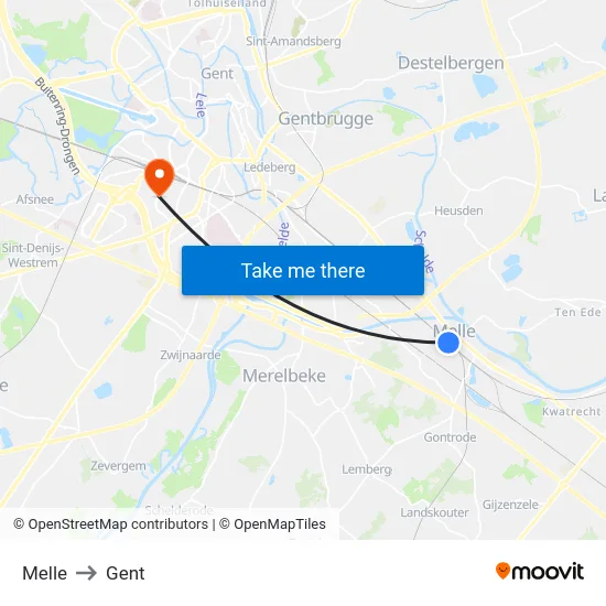 Melle to Gent map