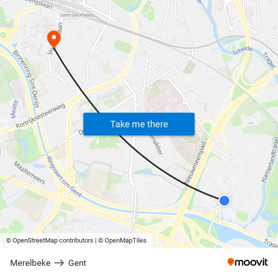 Merelbeke to Gent map