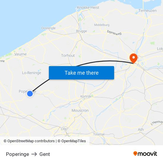Poperinge to Gent map