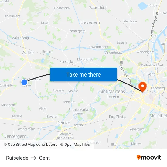 Ruiselede to Gent map