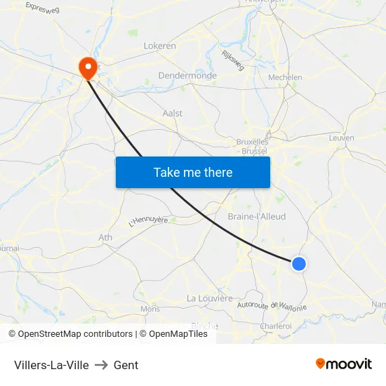 Villers-La-Ville to Gent map