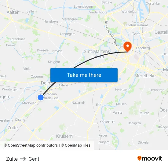 Zulte to Gent map