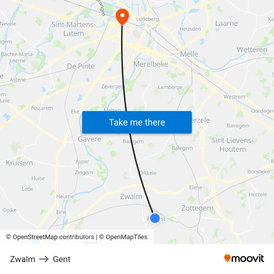 Zwalm to Gent map