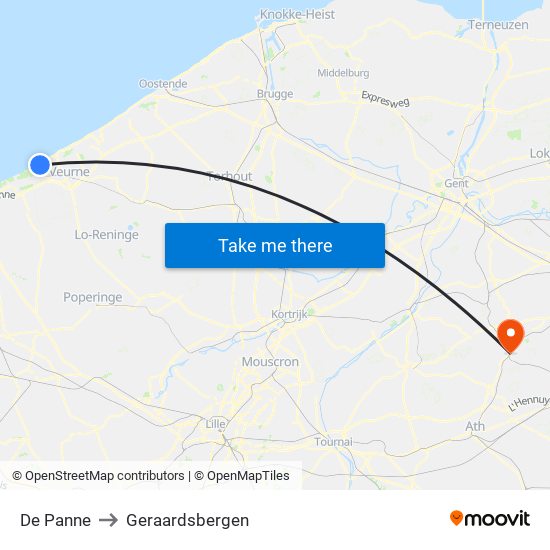 De Panne to Geraardsbergen map