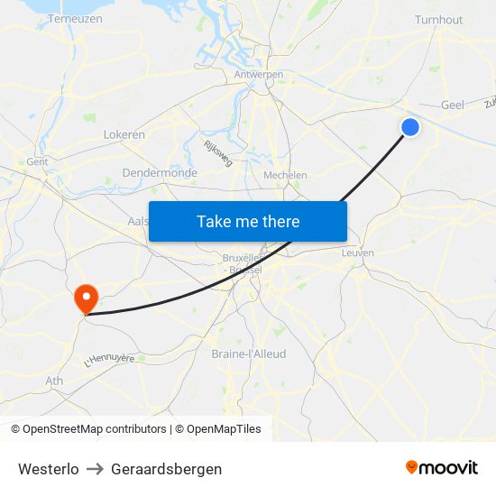 Westerlo to Geraardsbergen map