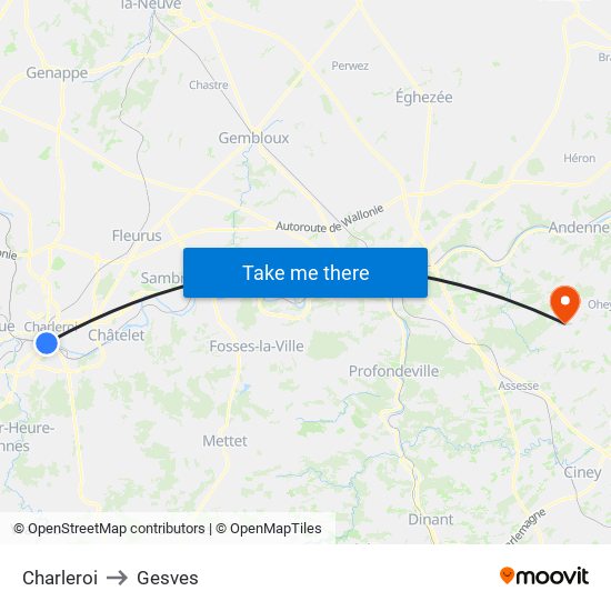 Charleroi to Gesves map