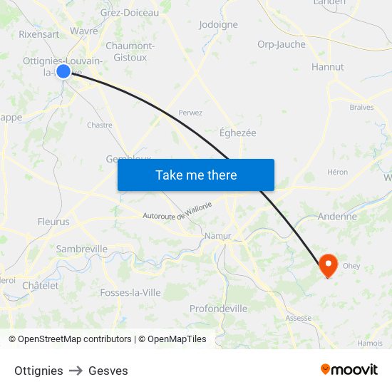 Ottignies to Gesves map