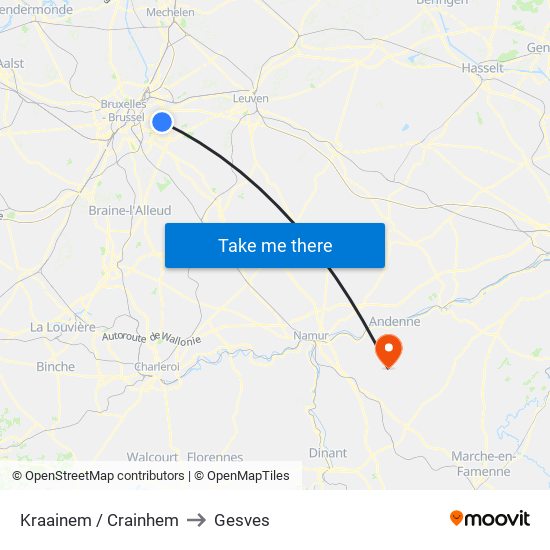 Kraainem / Crainhem to Gesves map