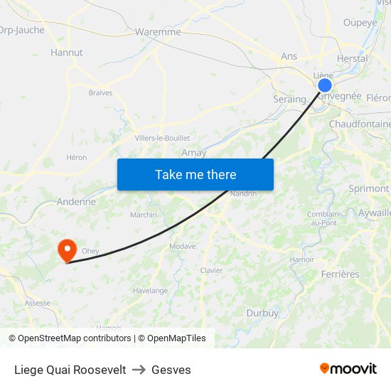 Liege Quai Roosevelt to Gesves map
