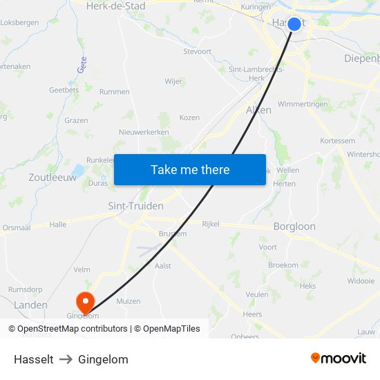 Hasselt to Gingelom map