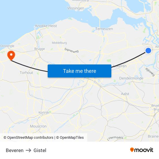 Beveren to Gistel map